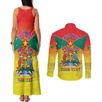 Personalized Grenada Christmas Couples Matching Tank Maxi Dress and Long Sleeve Button Shirt Coat Of Arms Bougainvillea Wreath - Wonder Print Shop