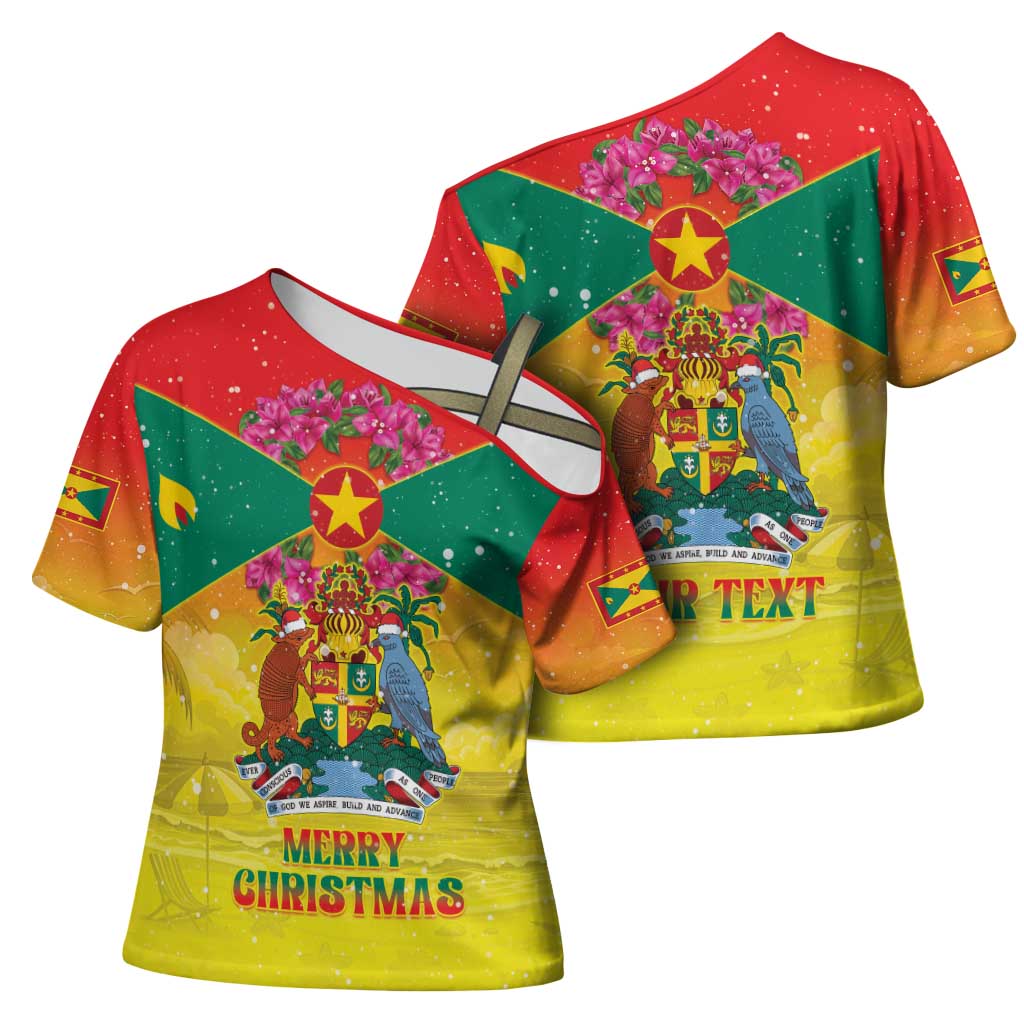 Personalized Grenada Christmas Cross Shoulder Shirt Coat Of Arms Bougainvillea Wreath - Wonder Print Shop