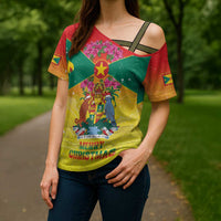 Personalized Grenada Christmas Cross Shoulder Shirt Coat Of Arms Bougainvillea Wreath - Wonder Print Shop