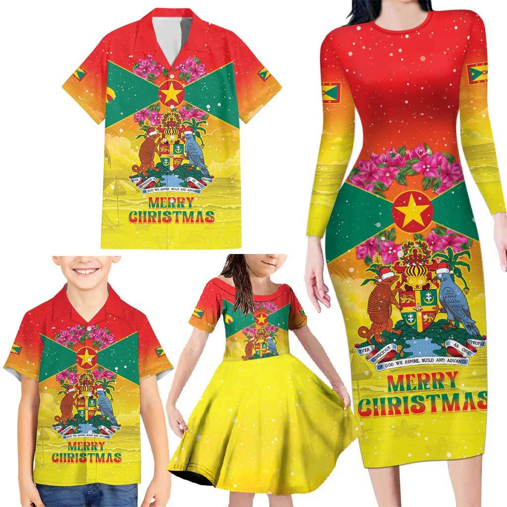 Personalized Grenada Christmas Family Matching Long Sleeve Bodycon Dress and Hawaiian Shirt Coat Of Arms Bougainvillea Wreath - Wonder Print Shop