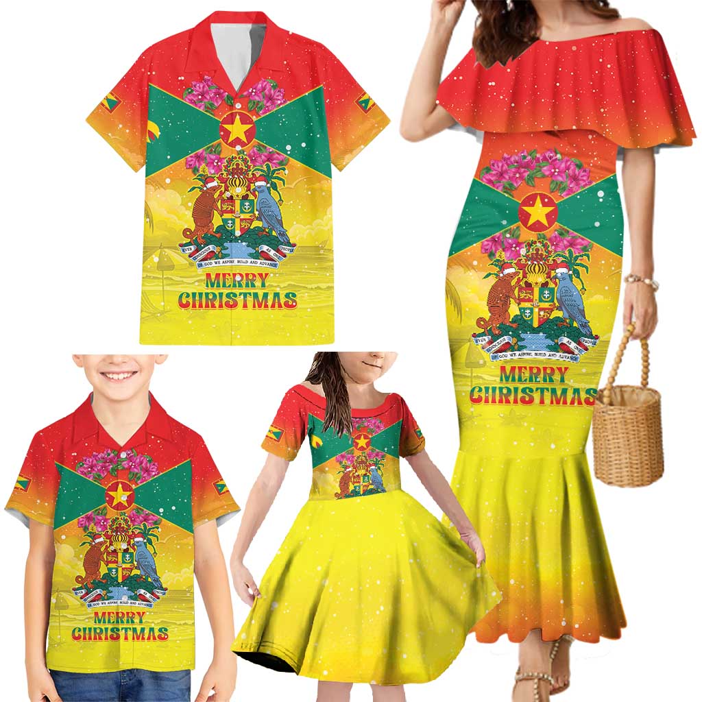 Personalized Grenada Christmas Family Matching Mermaid Dress and Hawaiian Shirt Coat Of Arms Bougainvillea Wreath - Wonder Print Shop
