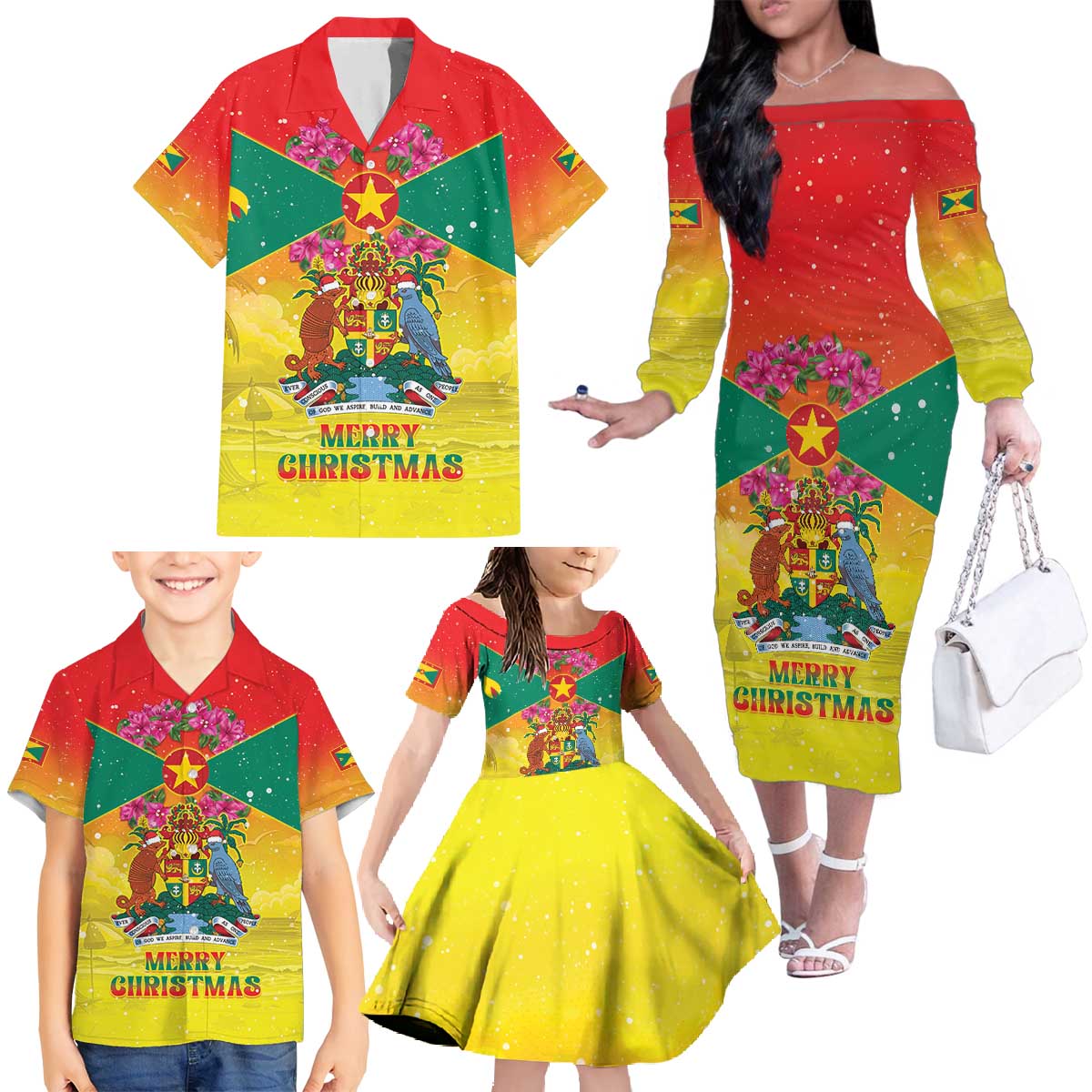 Personalized Grenada Christmas Family Matching Off The Shoulder Long Sleeve Dress and Hawaiian Shirt Coat Of Arms Bougainvillea Wreath - Wonder Print Shop