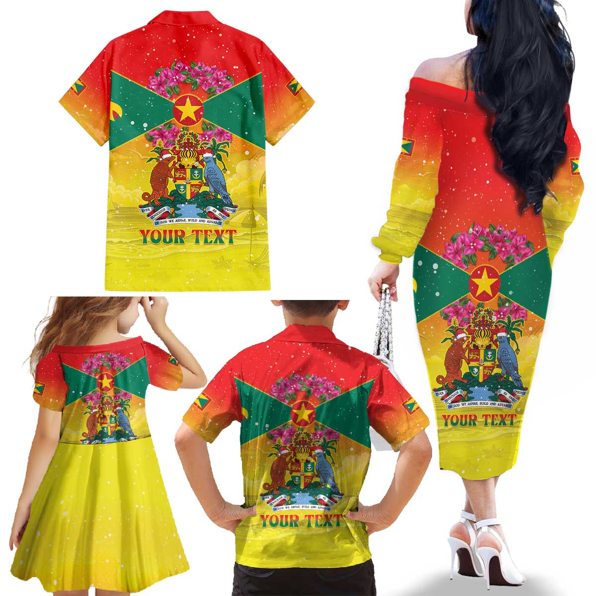 Personalized Grenada Christmas Family Matching Off The Shoulder Long Sleeve Dress and Hawaiian Shirt Coat Of Arms Bougainvillea Wreath - Wonder Print Shop