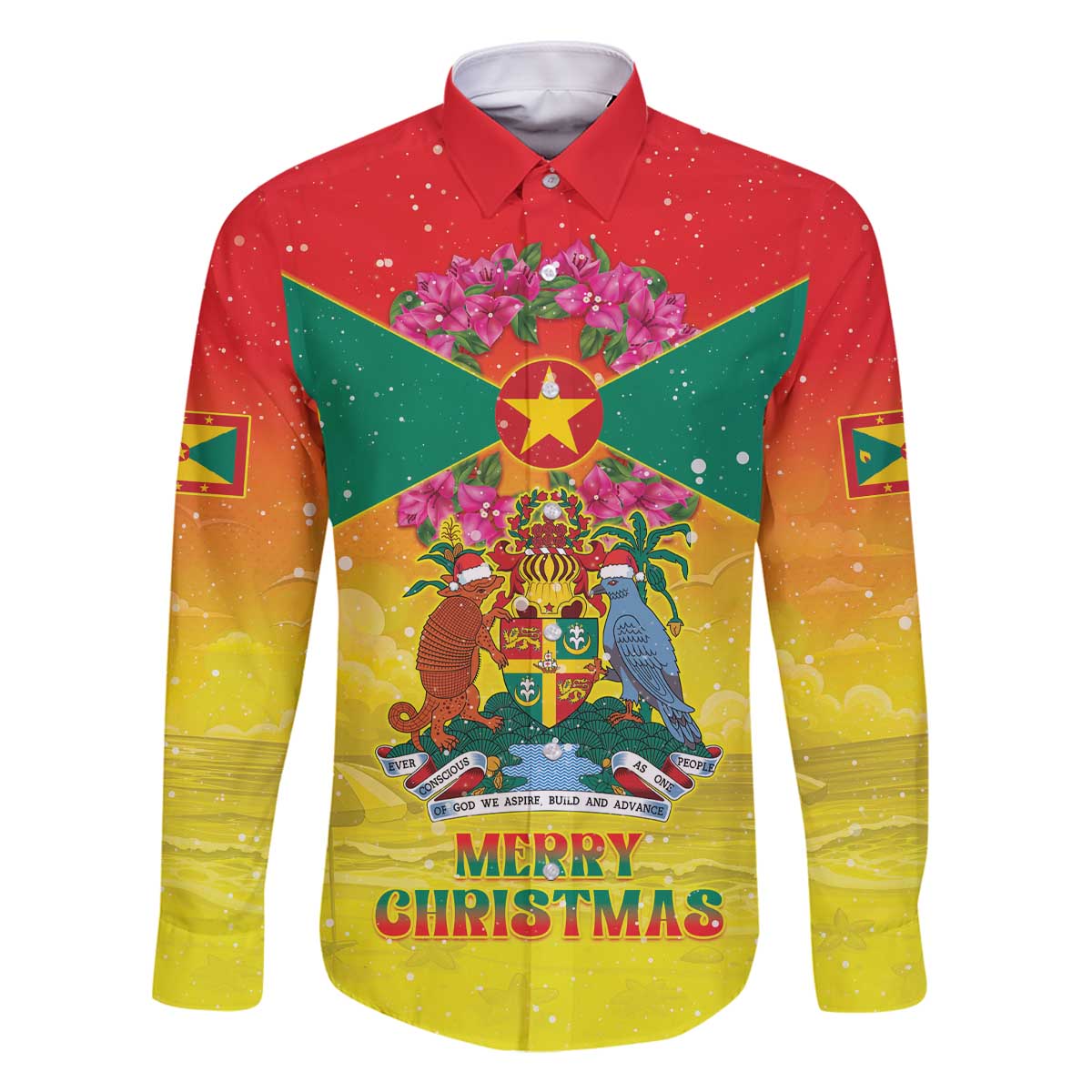 Personalized Grenada Christmas Family Matching Off The Shoulder Long Sleeve Dress and Hawaiian Shirt Coat Of Arms Bougainvillea Wreath - Wonder Print Shop