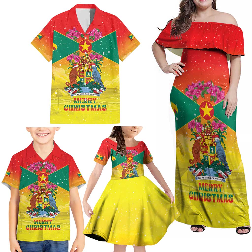 Personalized Grenada Christmas Family Matching Off Shoulder Maxi Dress and Hawaiian Shirt Coat Of Arms Bougainvillea Wreath - Wonder Print Shop