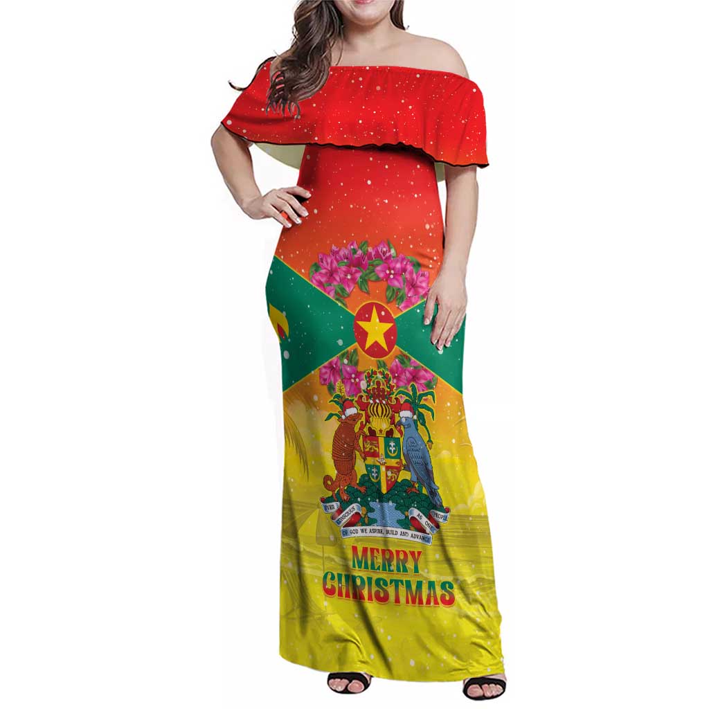 Personalized Grenada Christmas Family Matching Off Shoulder Maxi Dress and Hawaiian Shirt Coat Of Arms Bougainvillea Wreath - Wonder Print Shop