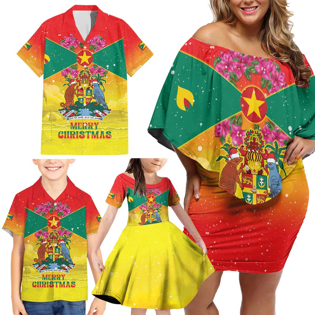 Personalized Grenada Christmas Family Matching Off Shoulder Short Dress and Hawaiian Shirt Coat Of Arms Bougainvillea Wreath - Wonder Print Shop