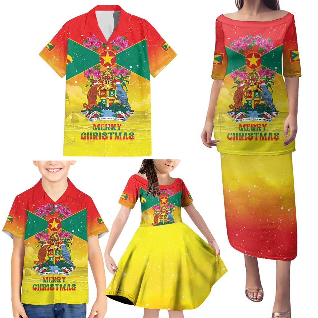 Personalized Grenada Christmas Family Matching Puletasi and Hawaiian Shirt Coat Of Arms Bougainvillea Wreath - Wonder Print Shop