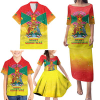 Personalized Grenada Christmas Family Matching Puletasi and Hawaiian Shirt Coat Of Arms Bougainvillea Wreath - Wonder Print Shop