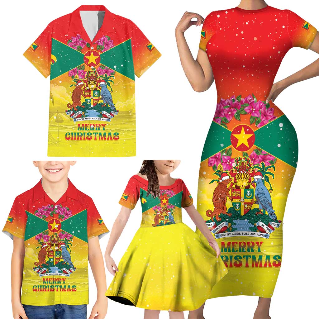 Personalized Grenada Christmas Family Matching Short Sleeve Bodycon Dress and Hawaiian Shirt Coat Of Arms Bougainvillea Wreath - Wonder Print Shop