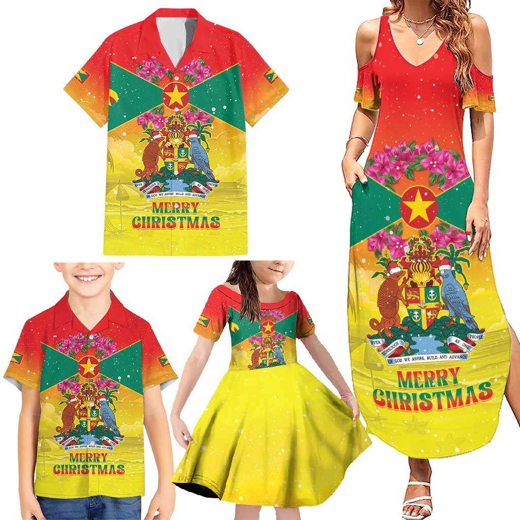 Personalized Grenada Christmas Family Matching Summer Maxi Dress and Hawaiian Shirt Coat Of Arms Bougainvillea Wreath - Wonder Print Shop