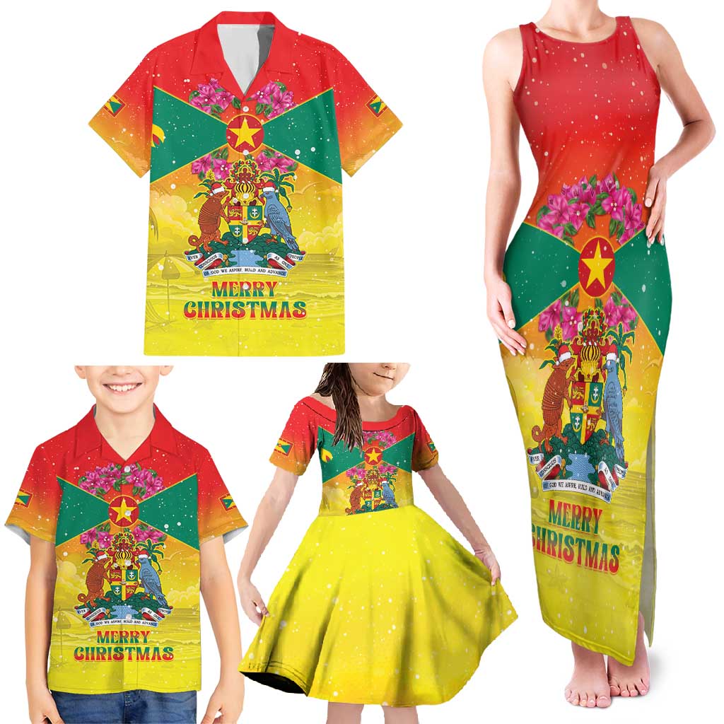 Personalized Grenada Christmas Family Matching Tank Maxi Dress and Hawaiian Shirt Coat Of Arms Bougainvillea Wreath - Wonder Print Shop