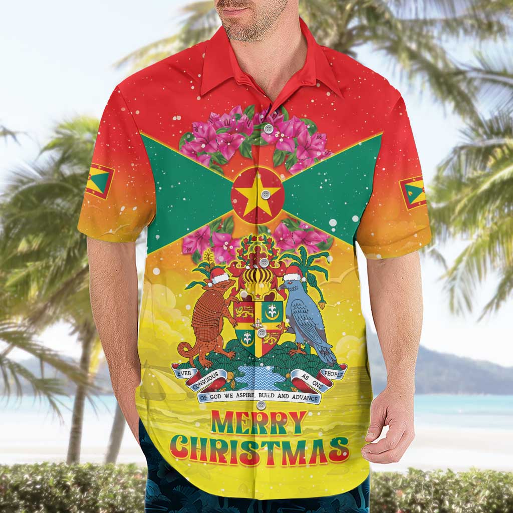 Personalized Grenada Christmas Hawaiian Shirt Coat Of Arms Bougainvillea Wreath - Wonder Print Shop