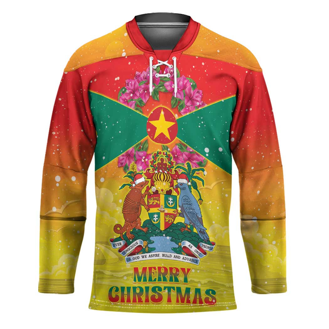 Personalized Grenada Christmas Hockey Jersey Coat Of Arms Bougainvillea Wreath - Wonder Print Shop