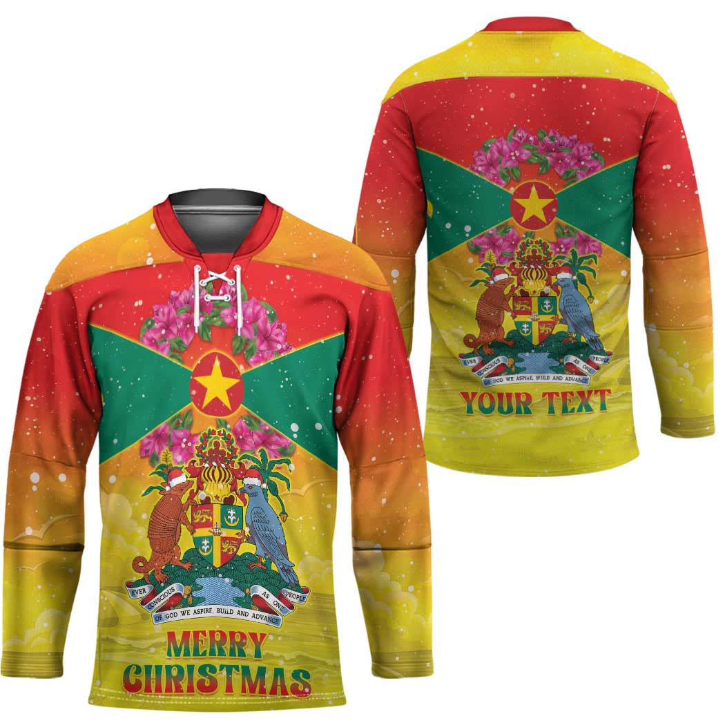 Personalized Grenada Christmas Hockey Jersey Coat Of Arms Bougainvillea Wreath - Wonder Print Shop