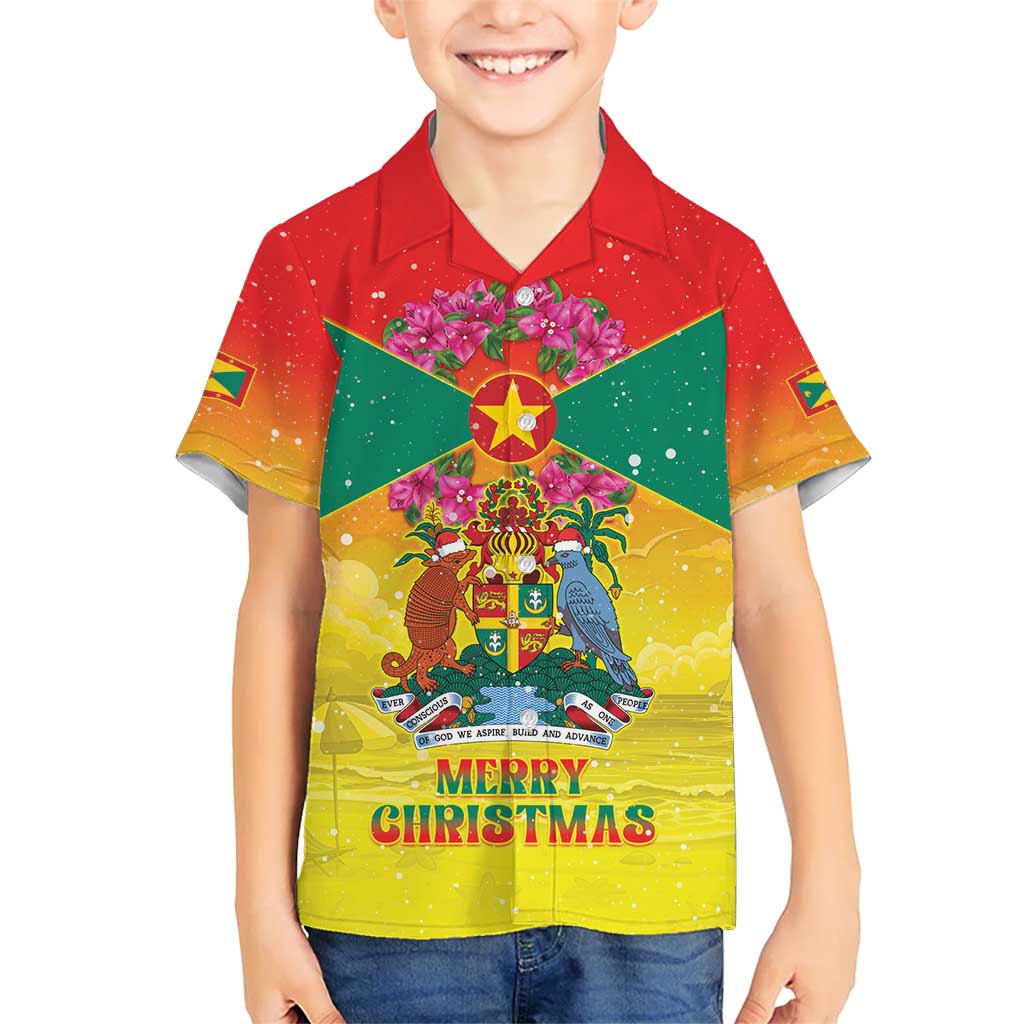 Personalized Grenada Christmas Kid Hawaiian Shirt Coat Of Arms Bougainvillea Wreath - Wonder Print Shop