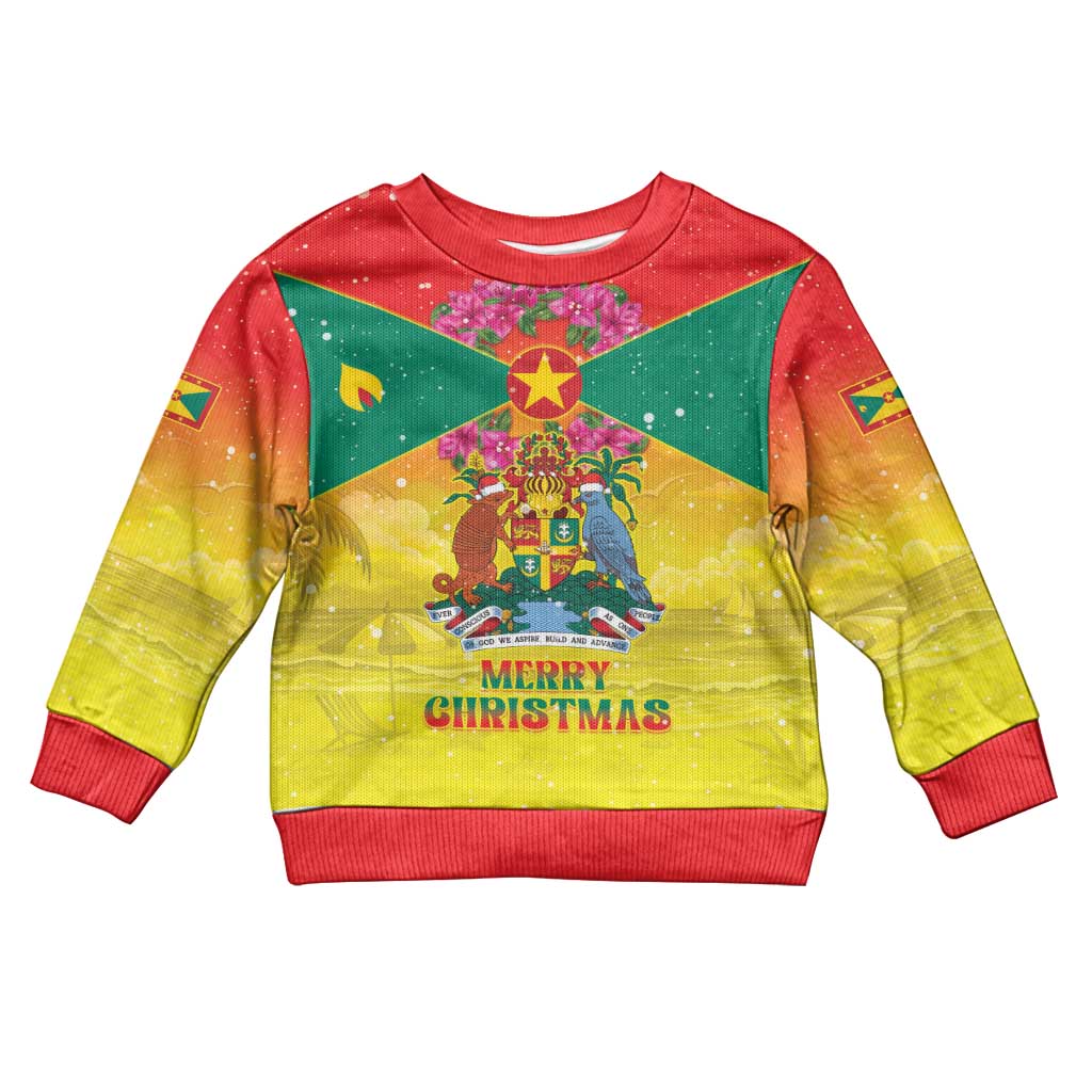 Personalized Grenada Christmas Kid Ugly Christmas Sweater Coat Of Arms Bougainvillea Wreath - Wonder Print Shop