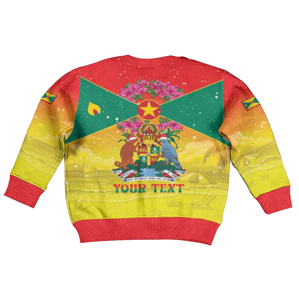 Personalized Grenada Christmas Kid Ugly Christmas Sweater Coat Of Arms Bougainvillea Wreath - Wonder Print Shop