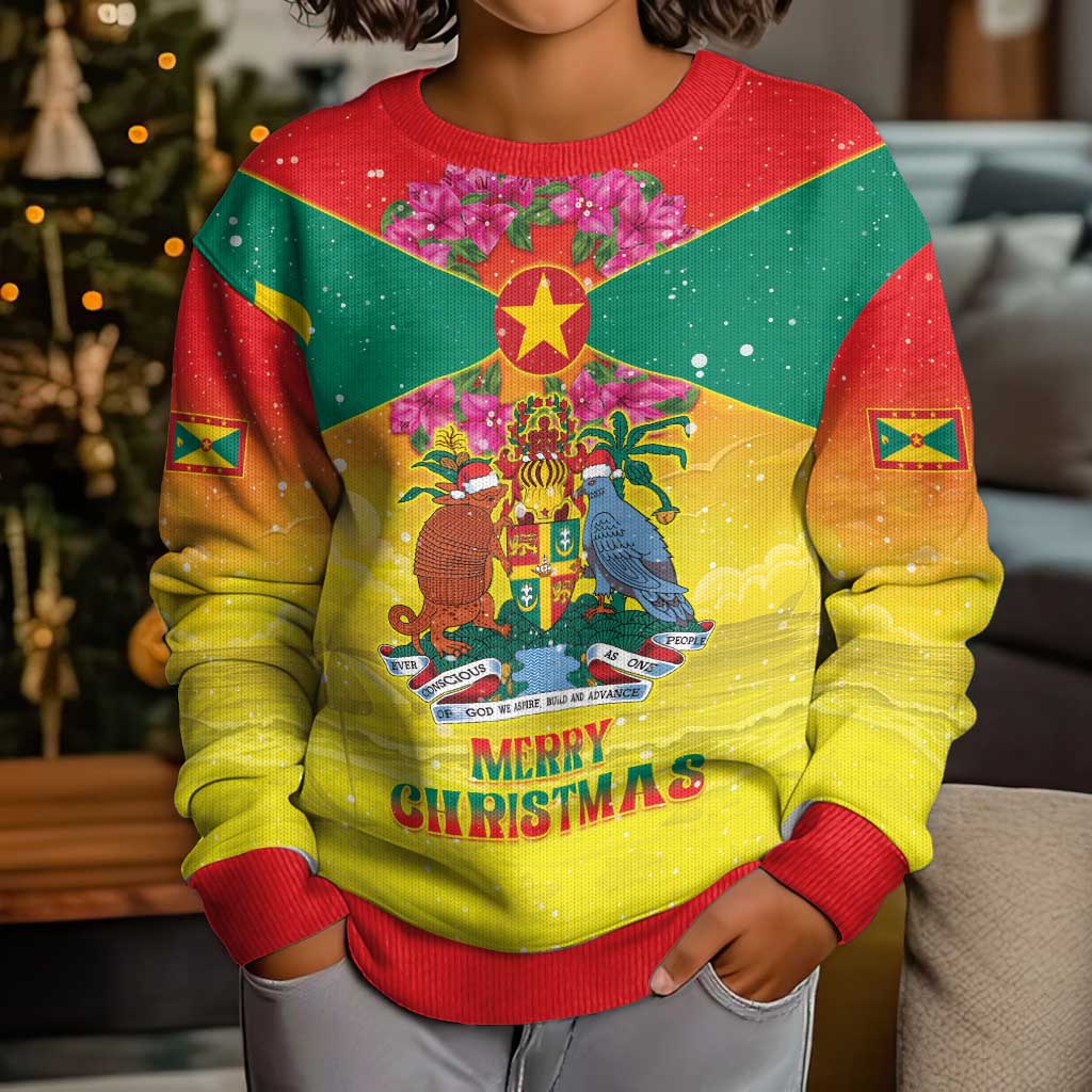 Personalized Grenada Christmas Kid Ugly Christmas Sweater Coat Of Arms Bougainvillea Wreath - Wonder Print Shop