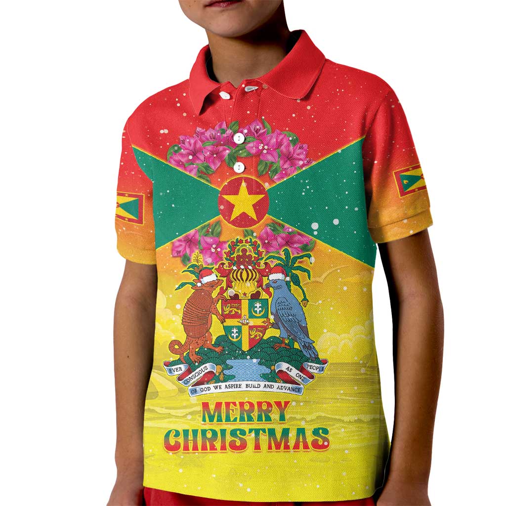Personalized Grenada Christmas Kid Polo Shirt Coat Of Arms Bougainvillea Wreath - Wonder Print Shop