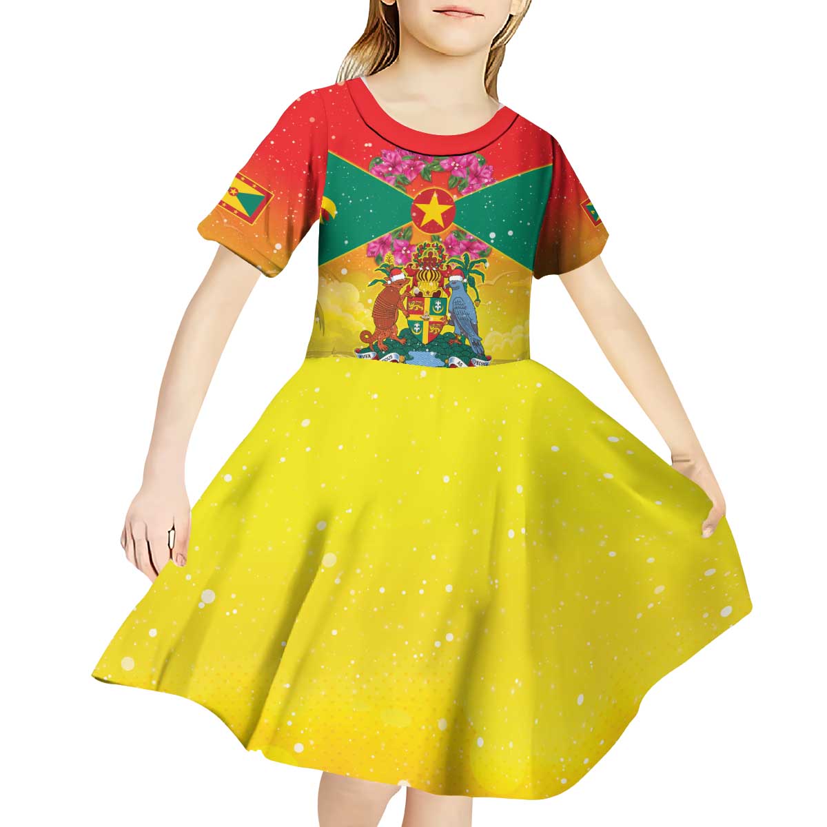 Personalized Grenada Christmas Kid Short Sleeve Dress Coat Of Arms Bougainvillea Wreath - Wonder Print Shop