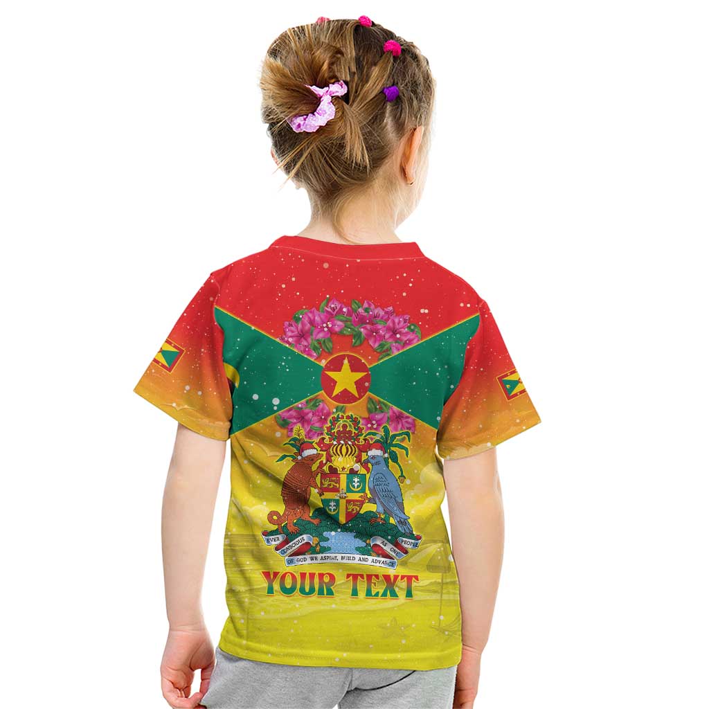 Personalized Grenada Christmas Kid T Shirt Coat Of Arms Bougainvillea Wreath - Wonder Print Shop