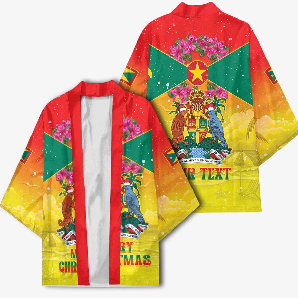 Personalized Grenada Christmas Kimono Coat Of Arms Bougainvillea Wreath - Wonder Print Shop