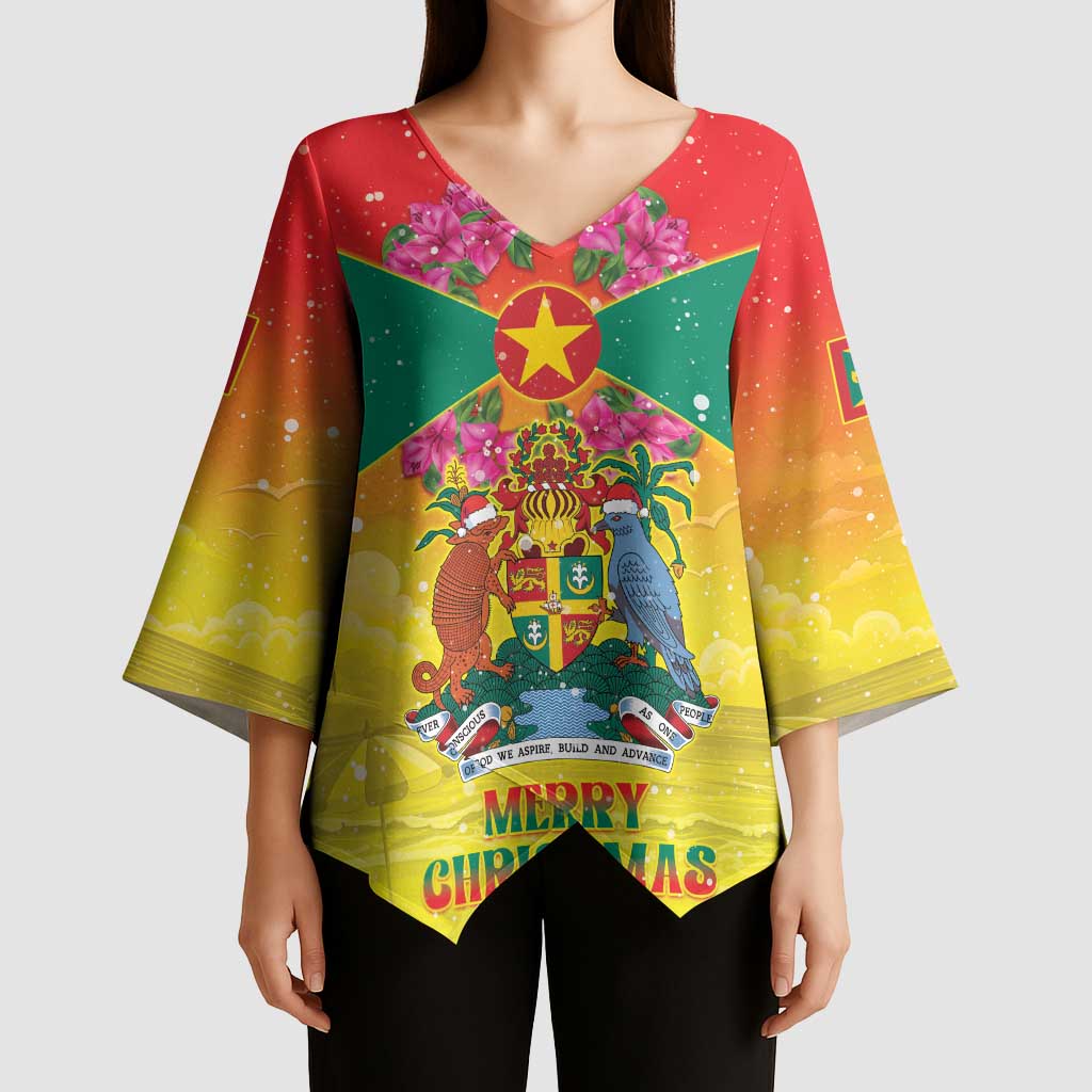 Personalized Grenada Christmas Kimono Sleeve Blouse Coat Of Arms Bougainvillea Wreath - Wonder Print Shop