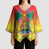 Personalized Grenada Christmas Kimono Sleeve Blouse Coat Of Arms Bougainvillea Wreath - Wonder Print Shop