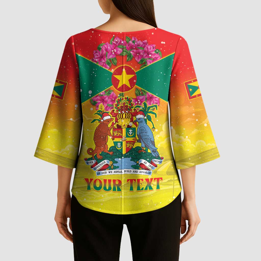 Personalized Grenada Christmas Kimono Sleeve Blouse Coat Of Arms Bougainvillea Wreath - Wonder Print Shop