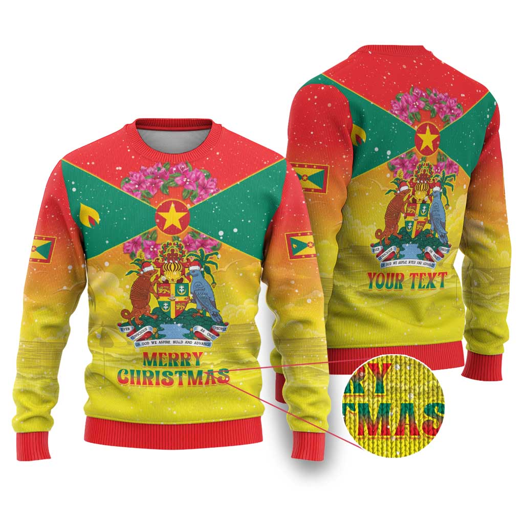 Personalized Grenada Christmas Ugly Christmas Sweater Coat Of Arms Bougainvillea Wreath - Wonder Print Shop