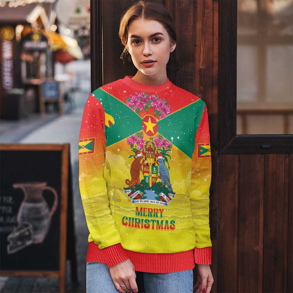 Personalized Grenada Christmas Ugly Christmas Sweater Coat Of Arms Bougainvillea Wreath - Wonder Print Shop