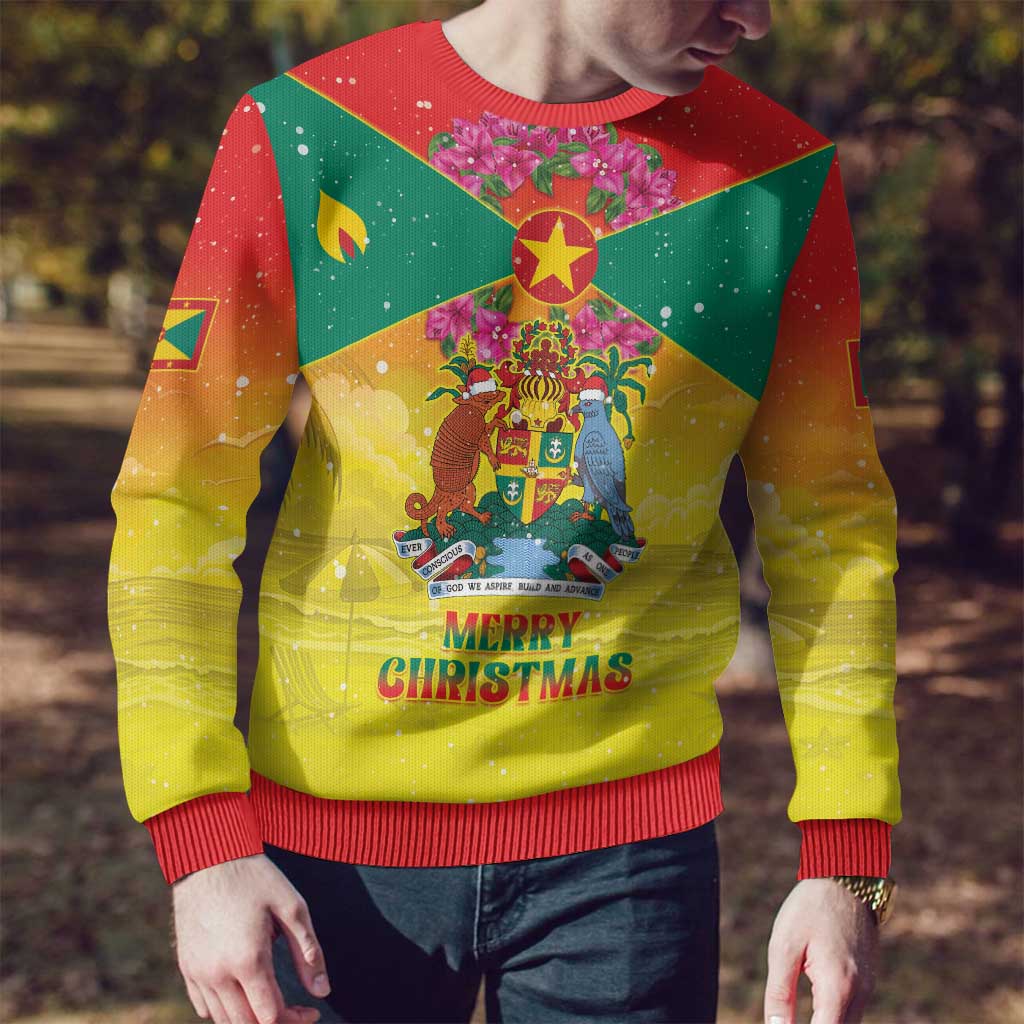 Personalized Grenada Christmas Ugly Christmas Sweater Coat Of Arms Bougainvillea Wreath - Wonder Print Shop