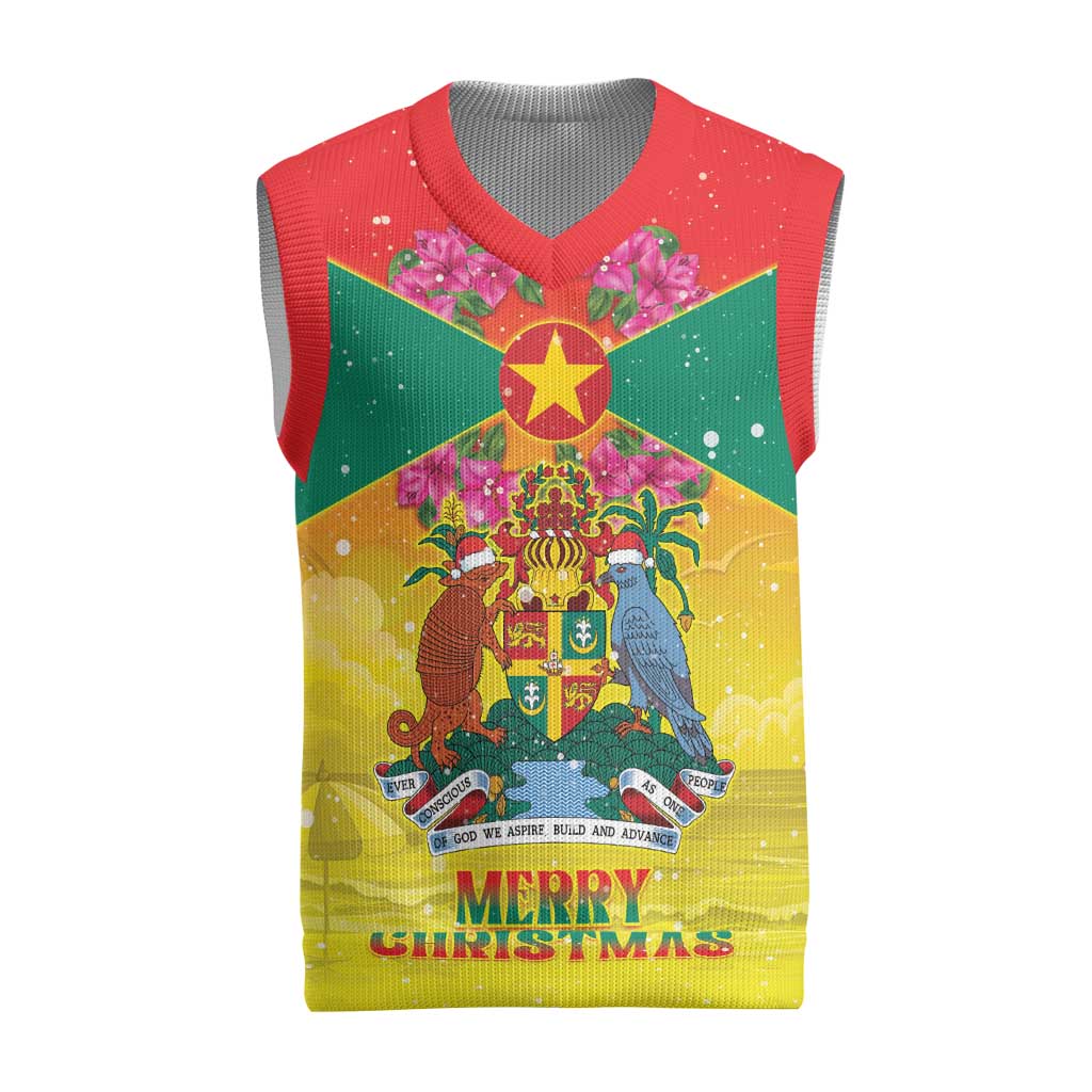 Personalized Grenada Christmas Knitted V-Neck Vest Coat Of Arms Bougainvillea Wreath - Wonder Print Shop