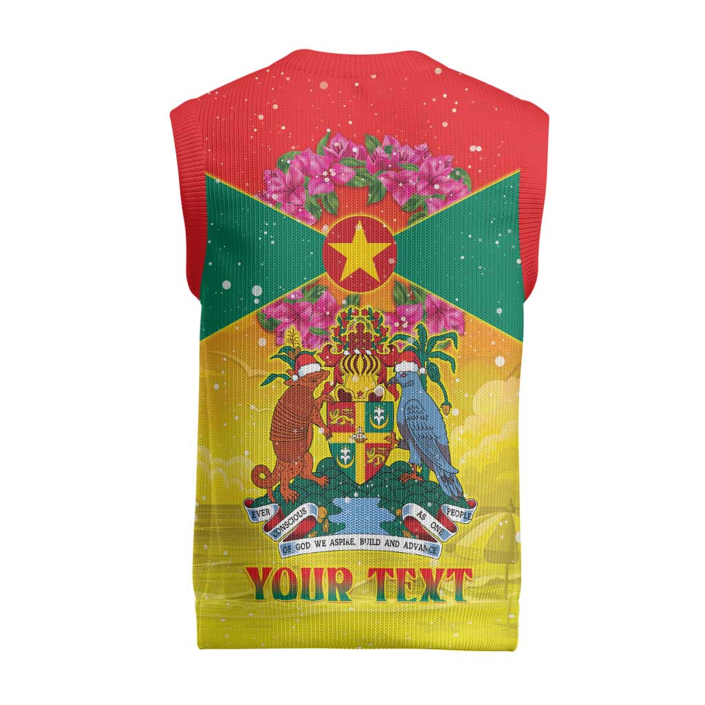 Personalized Grenada Christmas Knitted V-Neck Vest Coat Of Arms Bougainvillea Wreath - Wonder Print Shop