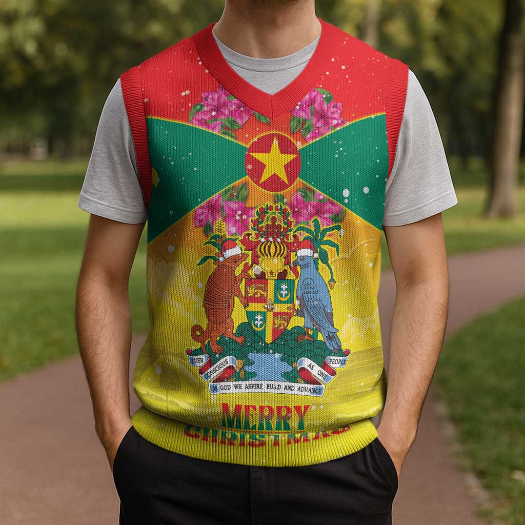 Personalized Grenada Christmas Knitted V-Neck Vest Coat Of Arms Bougainvillea Wreath - Wonder Print Shop