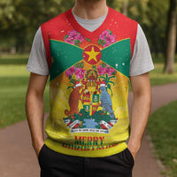 Personalized Grenada Christmas Knitted V-Neck Vest Coat Of Arms Bougainvillea Wreath - Wonder Print Shop