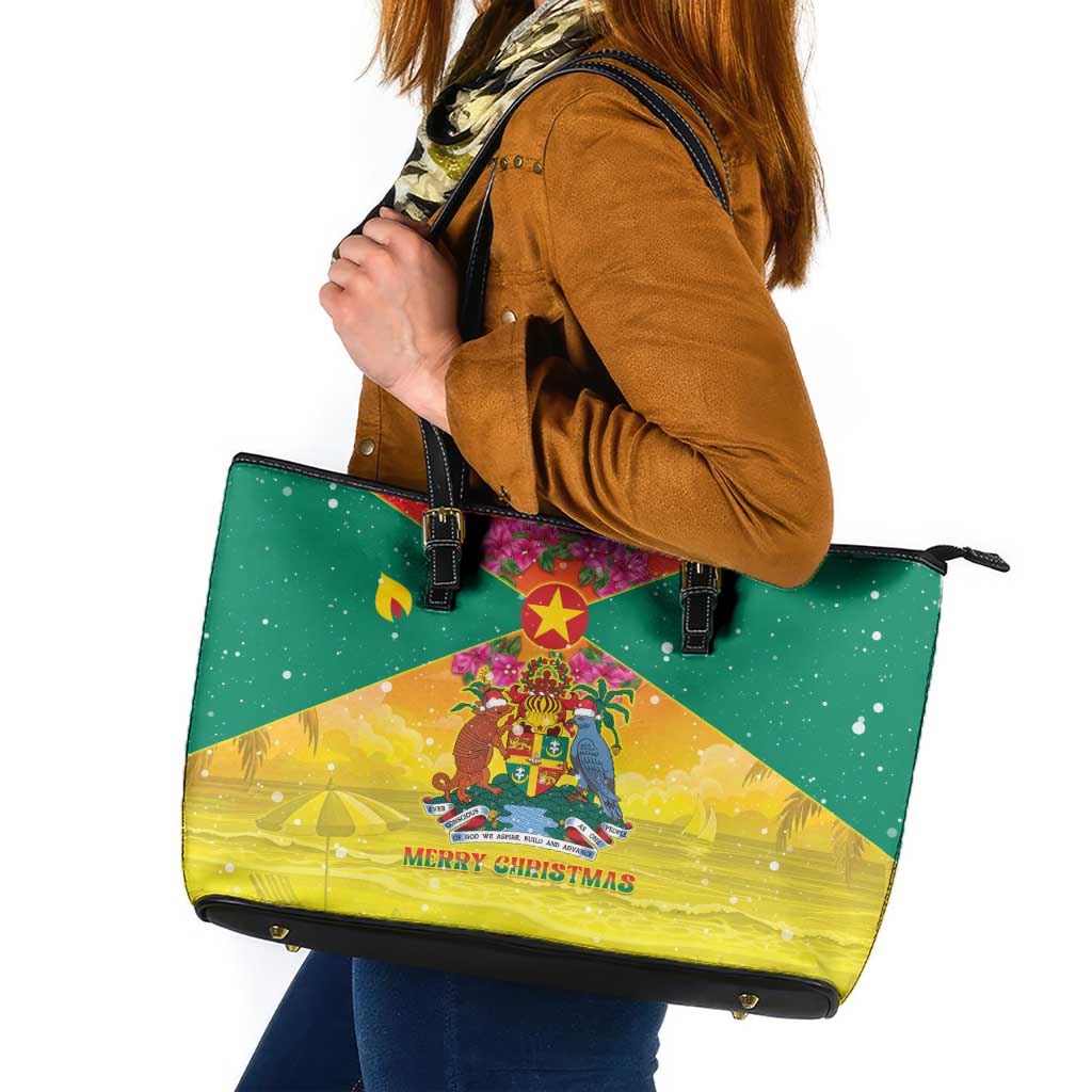 Grenada Christmas Leather Tote Bag Coat Of Arms Bougainvillea Wreath - Wonder Print Shop