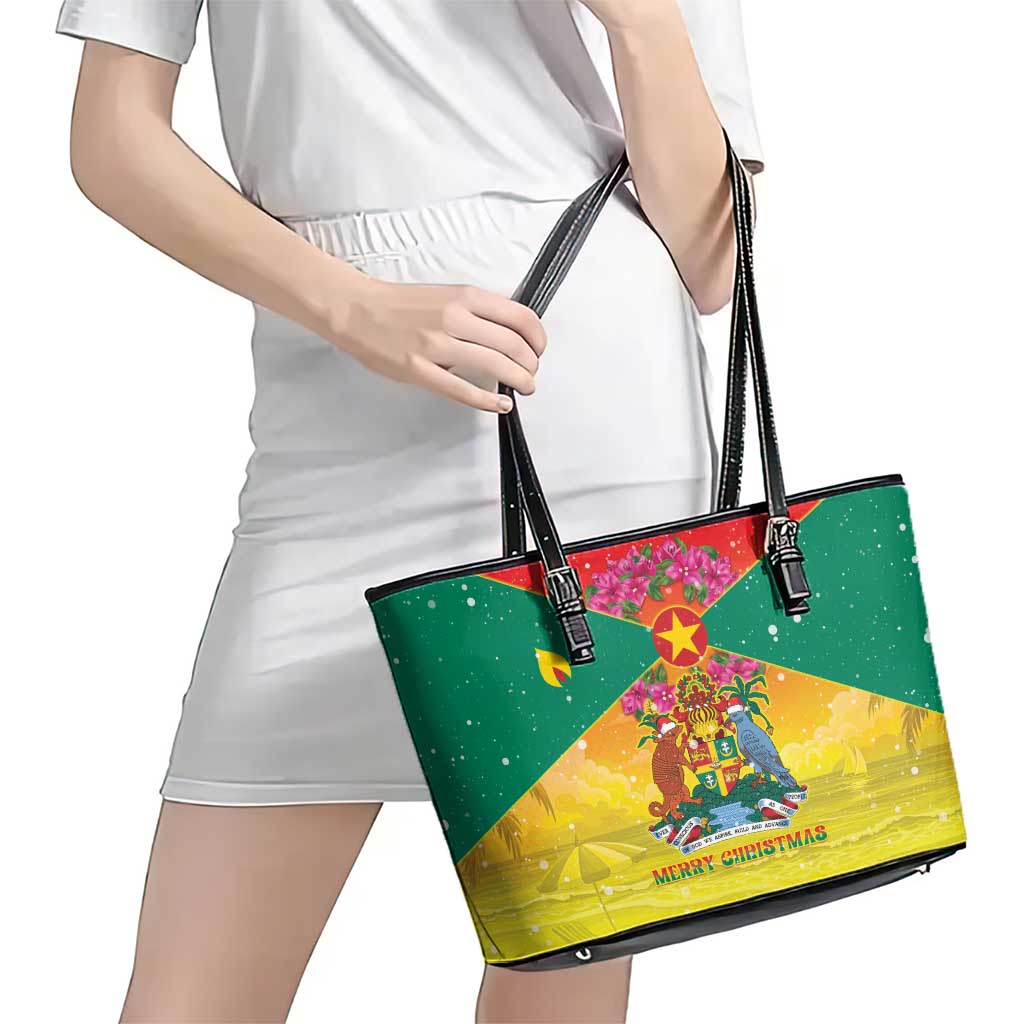 Grenada Christmas Leather Tote Bag Coat Of Arms Bougainvillea Wreath - Wonder Print Shop