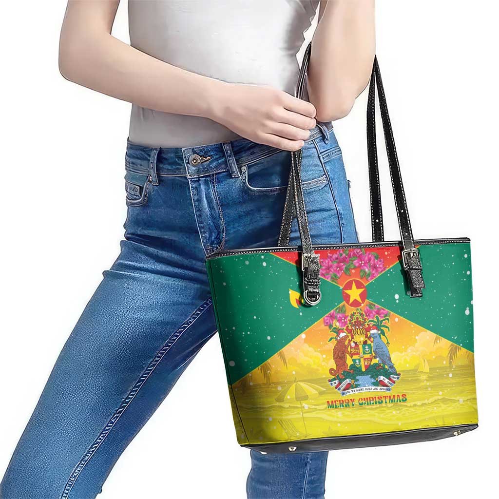 Grenada Christmas Leather Tote Bag Coat Of Arms Bougainvillea Wreath - Wonder Print Shop