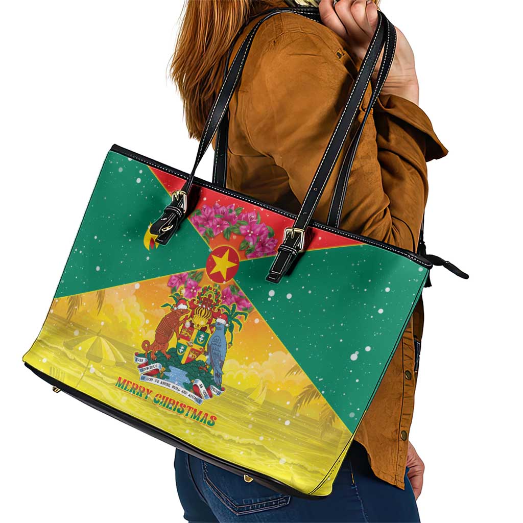 Grenada Christmas Leather Tote Bag Coat Of Arms Bougainvillea Wreath - Wonder Print Shop