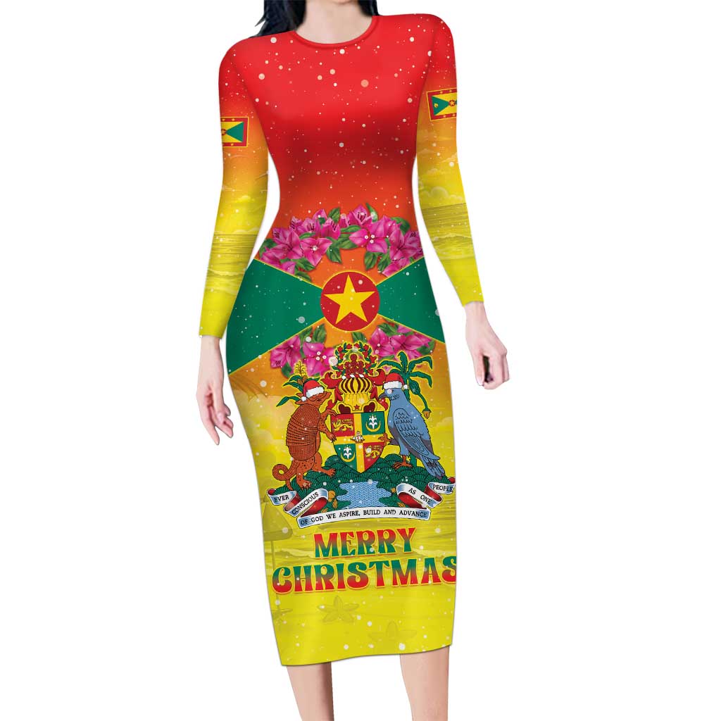 Personalized Grenada Christmas Long Sleeve Bodycon Dress Coat Of Arms Bougainvillea Wreath - Wonder Print Shop
