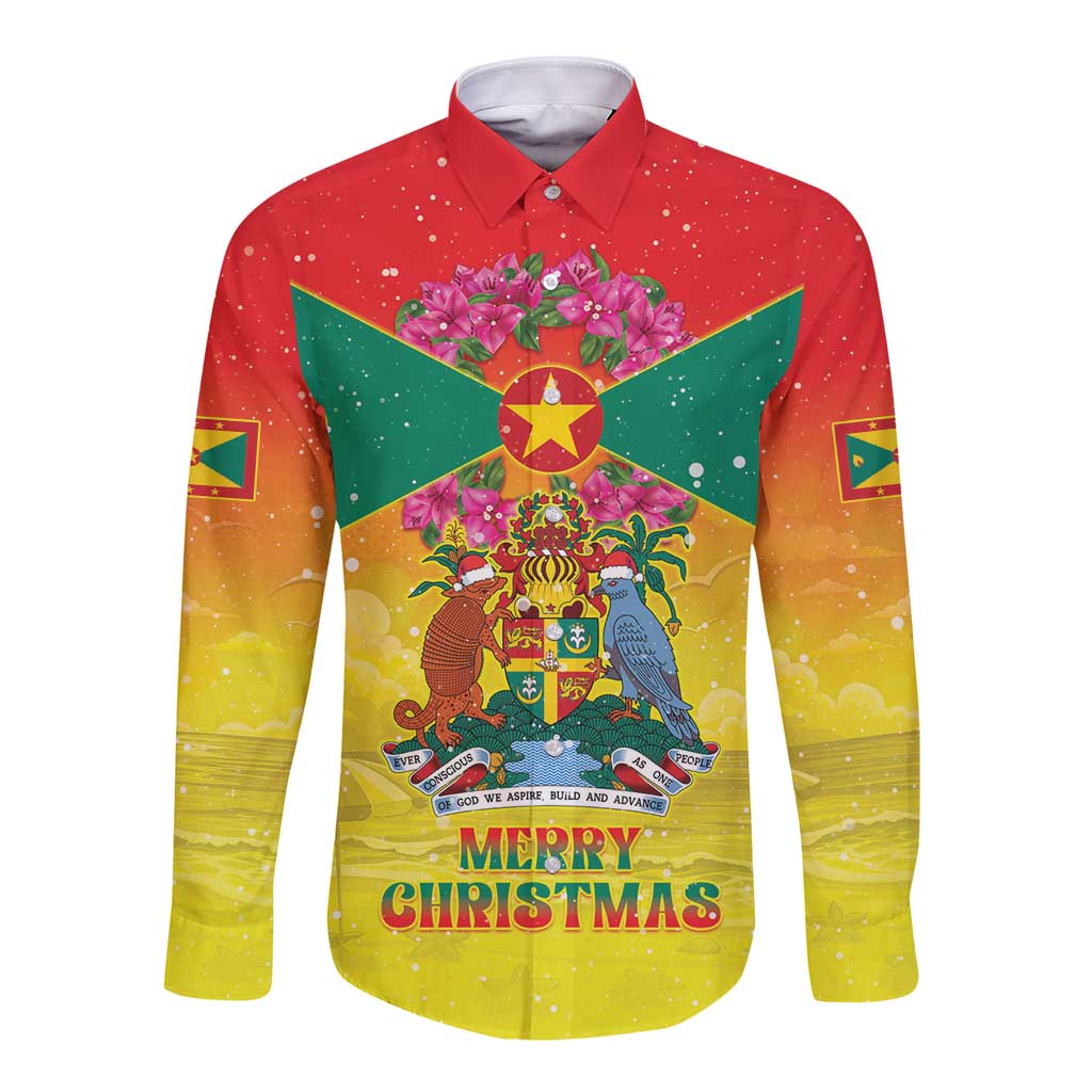 Personalized Grenada Christmas Long Sleeve Button Shirt Coat Of Arms Bougainvillea Wreath - Wonder Print Shop