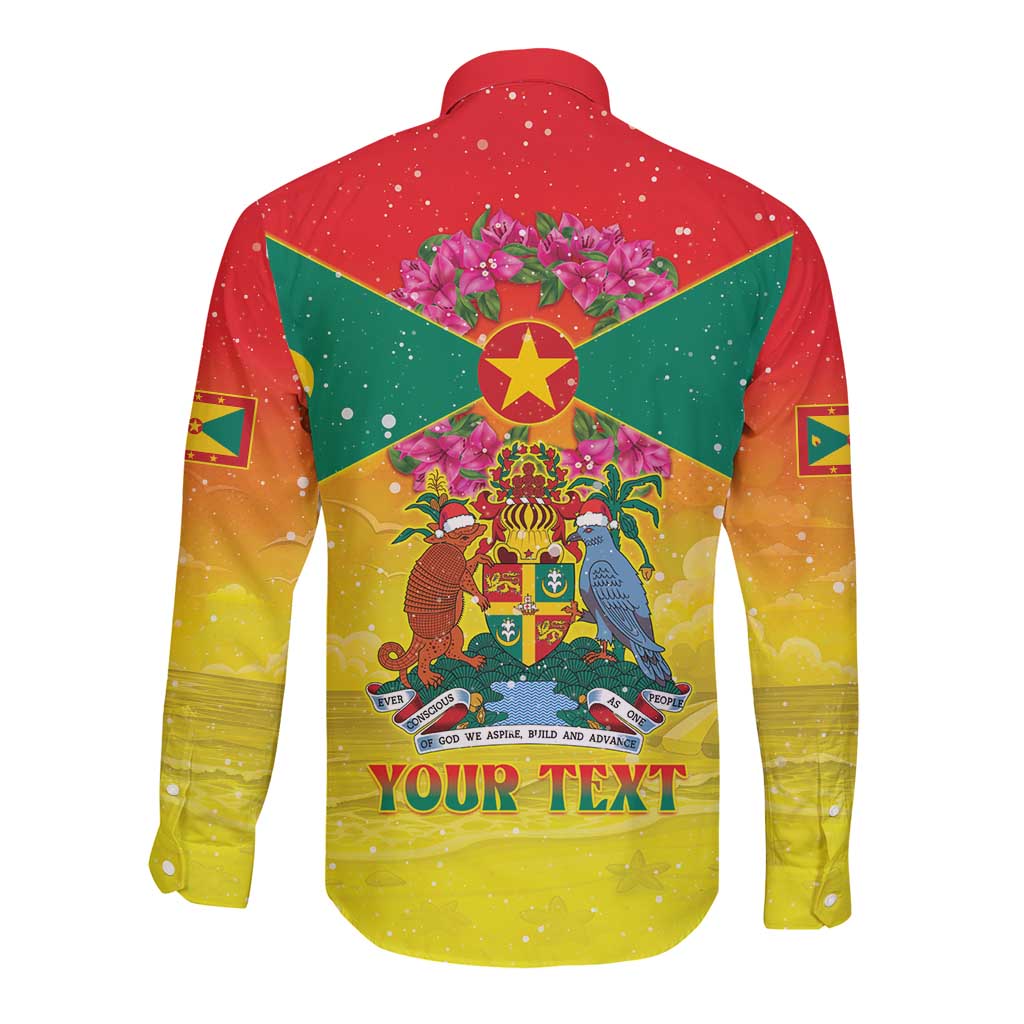 Personalized Grenada Christmas Long Sleeve Button Shirt Coat Of Arms Bougainvillea Wreath - Wonder Print Shop