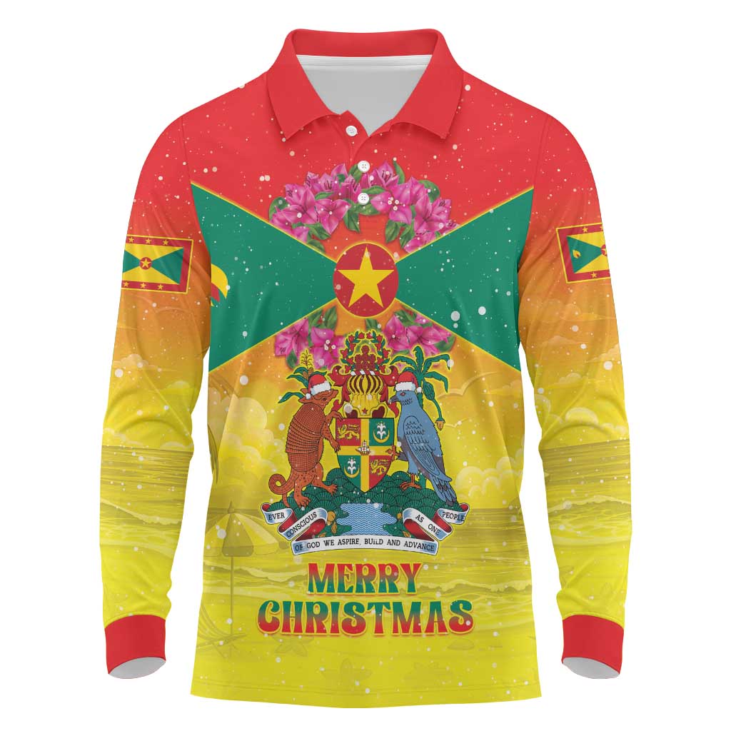 Personalized Grenada Christmas Long Sleeve Polo Shirt Coat Of Arms Bougainvillea Wreath - Wonder Print Shop