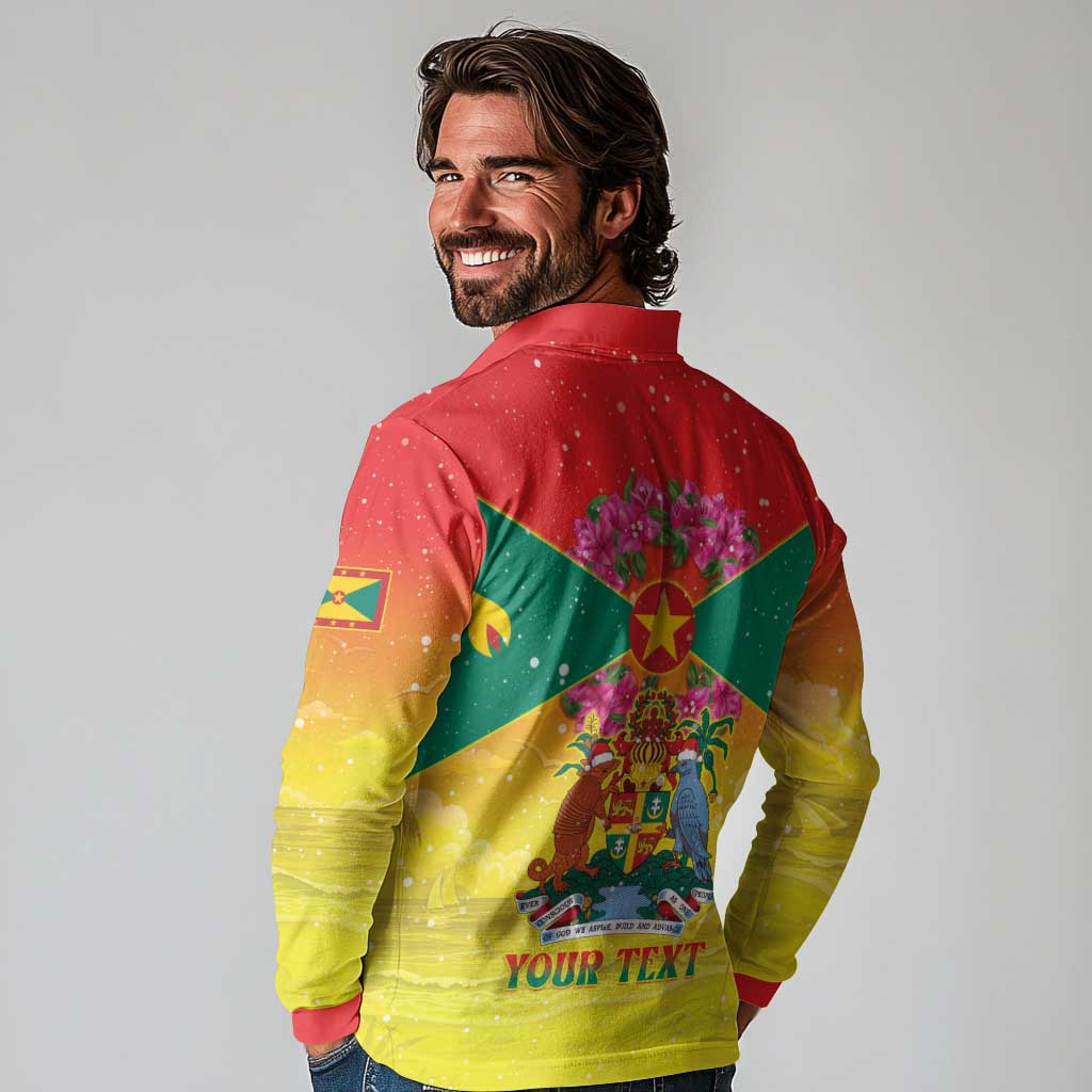 Personalized Grenada Christmas Long Sleeve Polo Shirt Coat Of Arms Bougainvillea Wreath - Wonder Print Shop