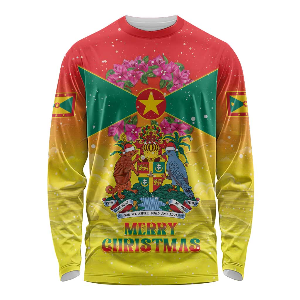 Personalized Grenada Christmas Long Sleeve Shirt Coat Of Arms Bougainvillea Wreath - Wonder Print Shop