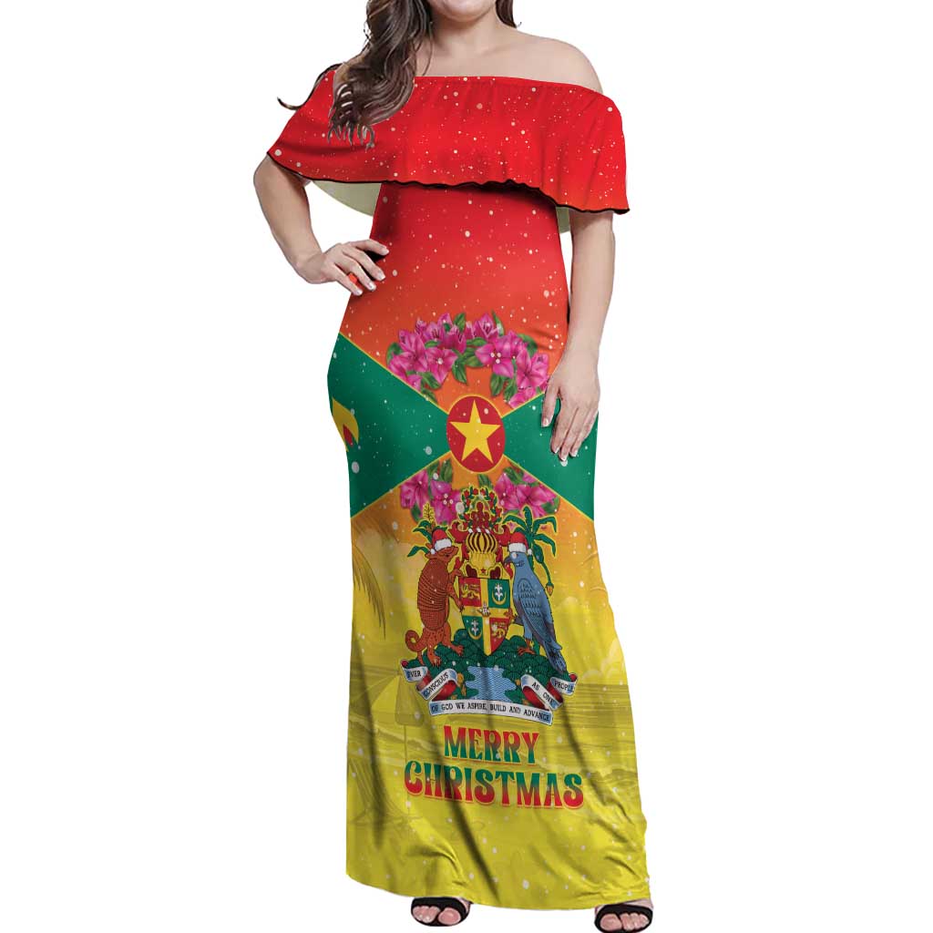 Personalized Grenada Christmas Off Shoulder Maxi Dress Coat Of Arms Bougainvillea Wreath - Wonder Print Shop