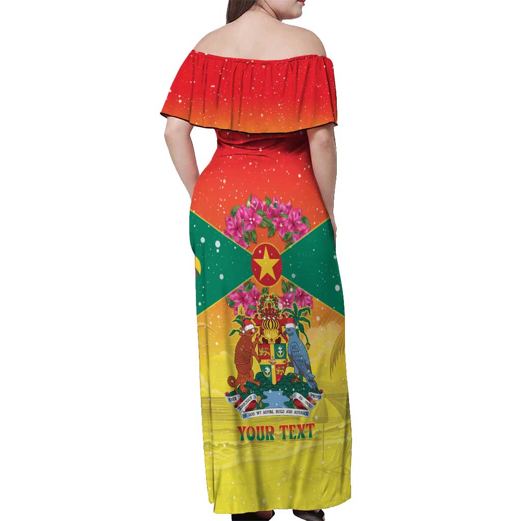 Personalized Grenada Christmas Off Shoulder Maxi Dress Coat Of Arms Bougainvillea Wreath - Wonder Print Shop