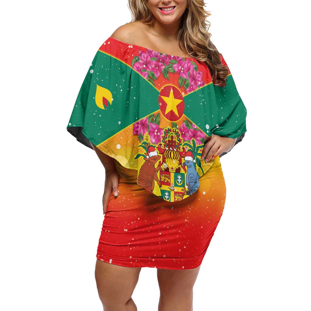 Personalized Grenada Christmas Off Shoulder Short Dress Coat Of Arms Bougainvillea Wreath - Wonder Print Shop